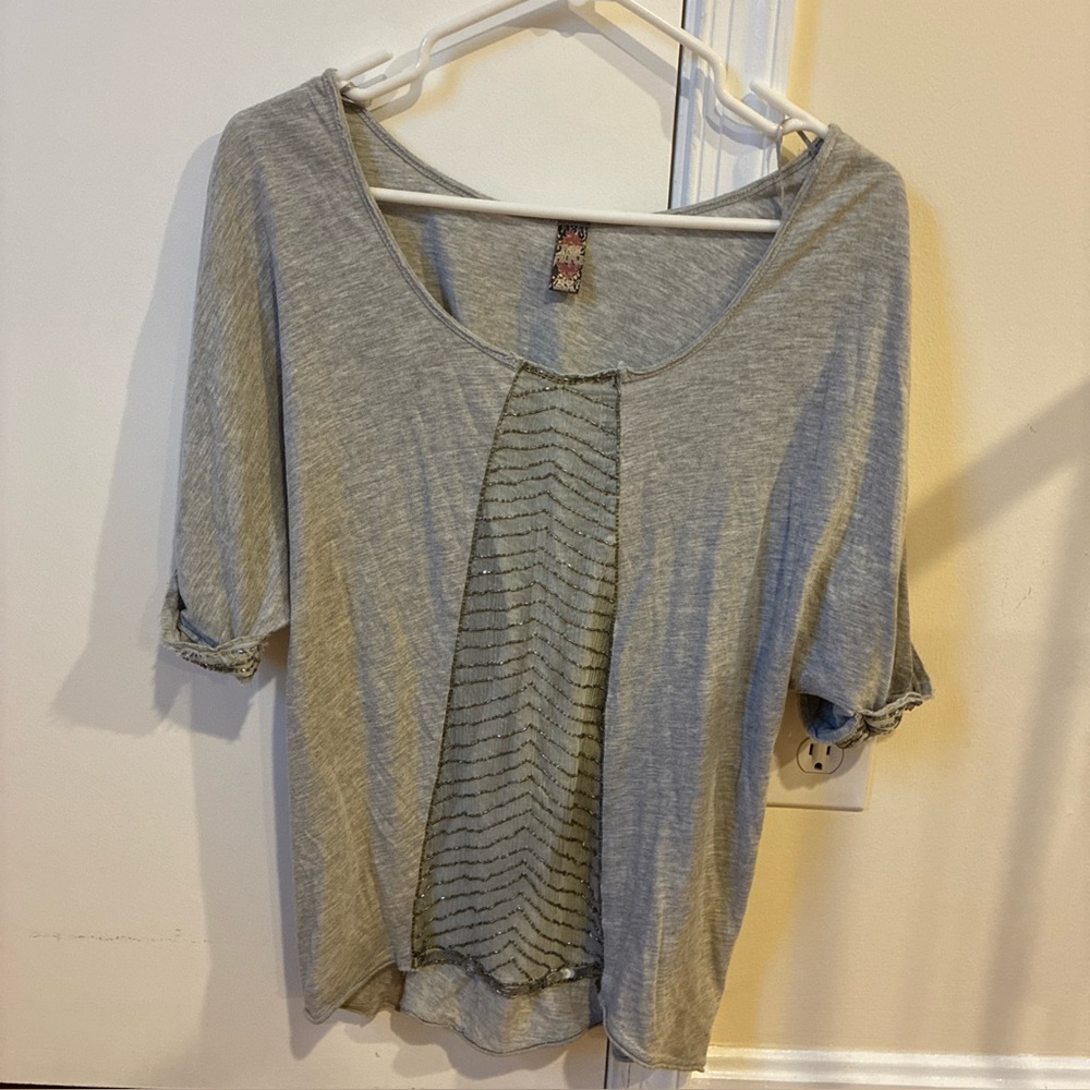 Free People gray T-shirt with beaded sheer inset size M